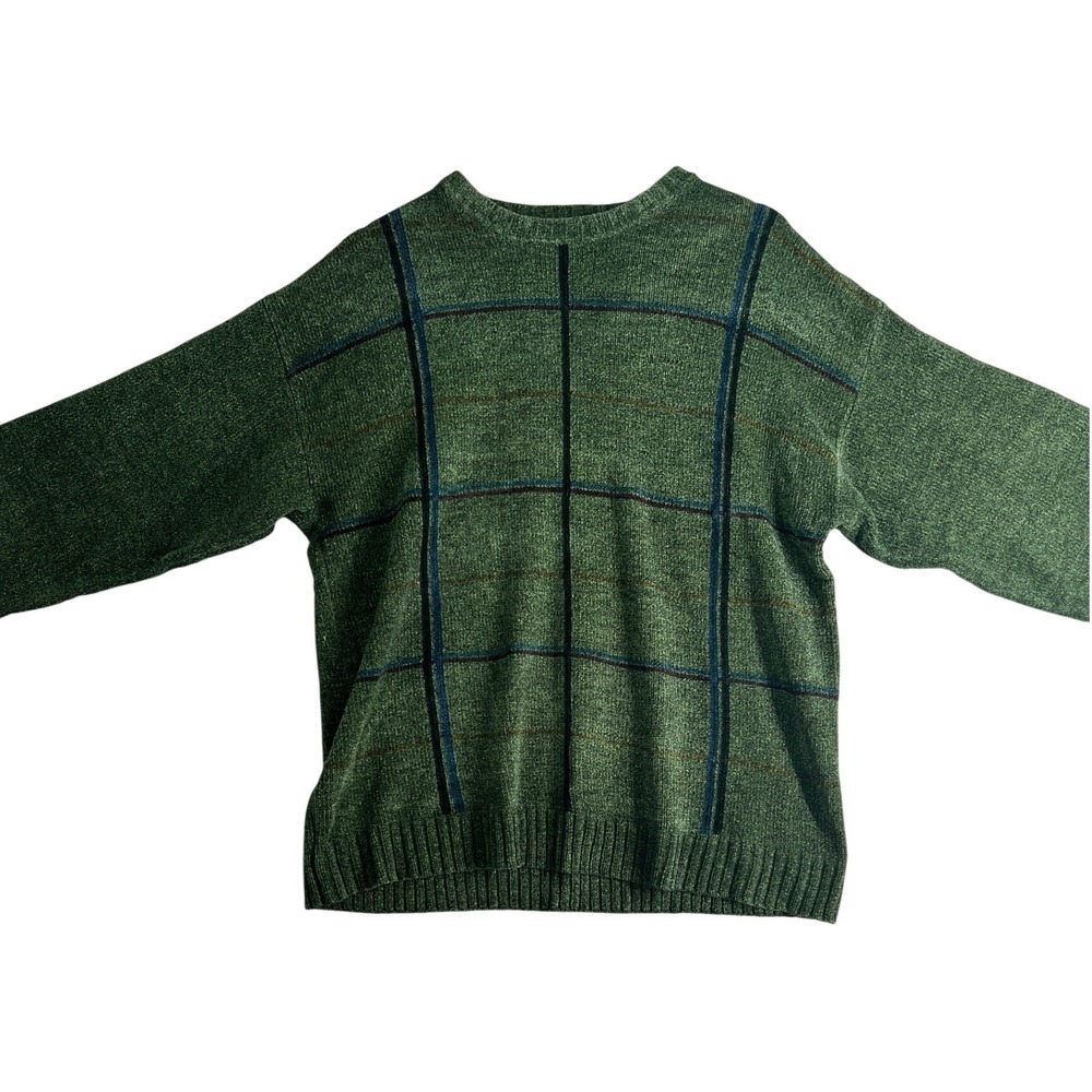Vintage Eclectic Grandpa Green Windowpane Plaid Cozy Crewneck Sweater 90s Size M - Picture 6 of 9